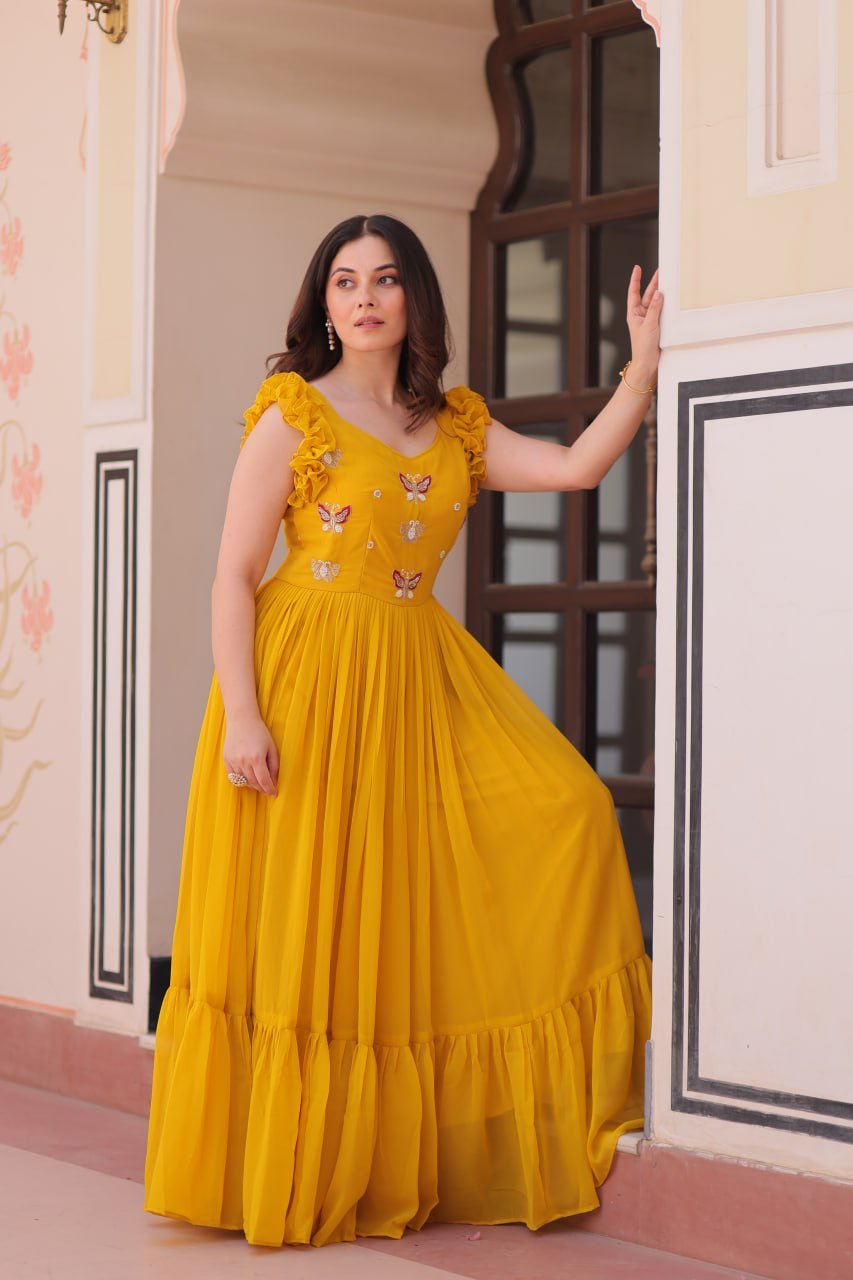 Women's Elegant Plum Purple Georgette Anarkali Gown with Butterfly Applique & Ruffle Sleeves – Festive & Special Occasion Wear - Image 2